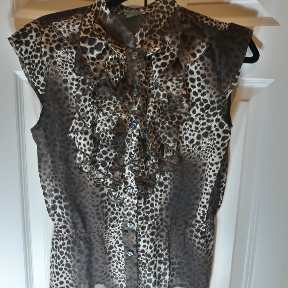 Sheer Animal Print Button Down Ruffle Blouse - Picture 3 of 6